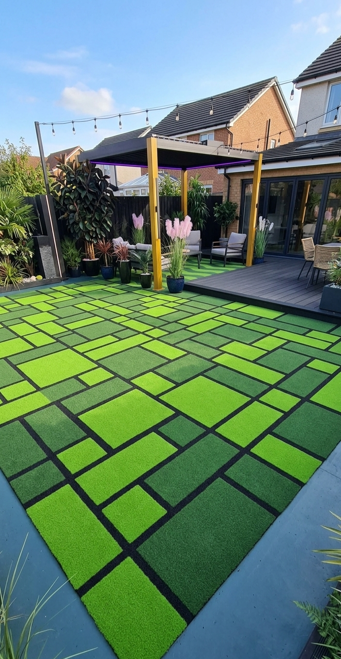 Artificial grass geometric pattern with pergola