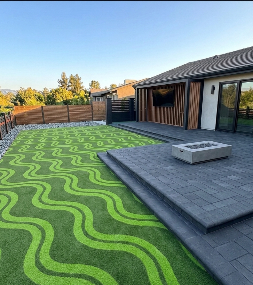 Artificial grass wavy pattern with dark pavers